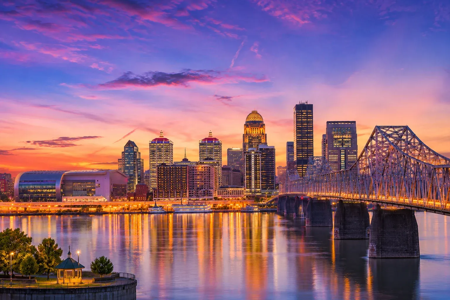 Louisville skyline and Ohio River bridge at sunset